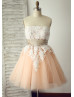 Strapless Ivory Lace Champagne Tulle Knee Length Prom Dress